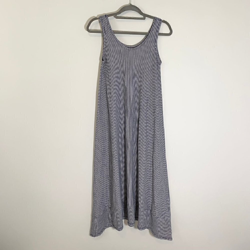 Matthildur Navy White Striped Sleeveless‎ Handkerchief Hem Midi Dress XS Peru